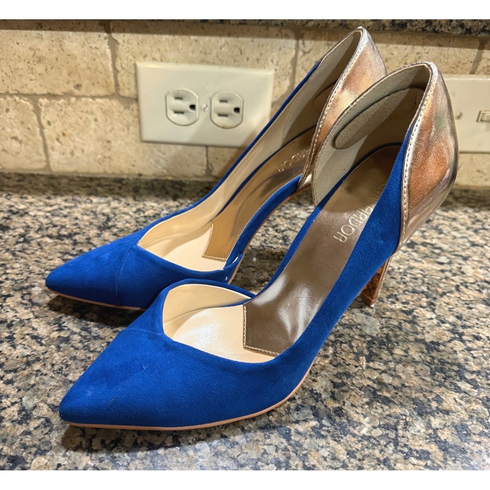 Jenn Ardor Cobalt Blue Suede Gold Metallic Heel Pointed‎ Toe Orsay Pumps 7.5M